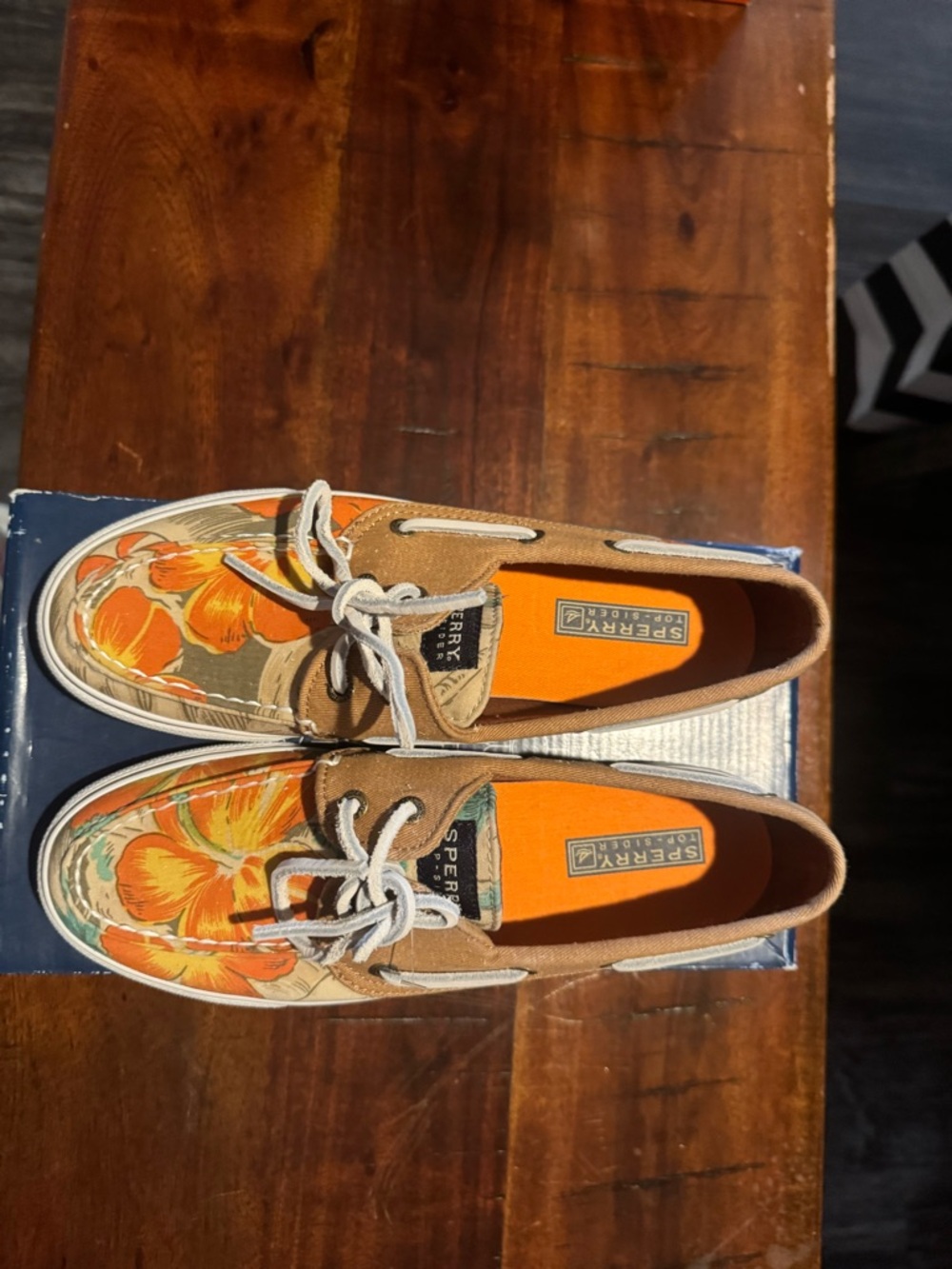 Sperry Orange Floral Canvas & Tan Suede Boat Shoes